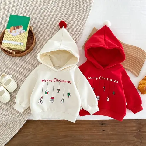 New Year Infant Baby Girls Boys Clothing Christmas Toddler Baby Boys Girls Cartoon Print Festivals Clothes Hooded Plush Pullover