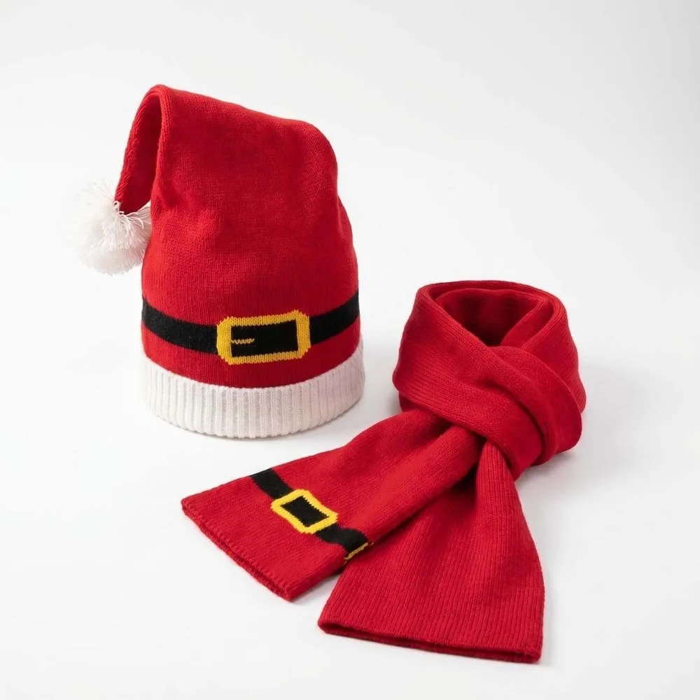 Thermal Yarn Christmas Hat Scarf Striped Pattern Bright Colors Knitted Holiday Scarf Double Layered Plush Pom Santa Claus Beanie