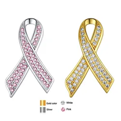 U7 Breast Cancer Awareness Pink Ribbon Brooches for Women White Cubic Zirconia Pin Classic Sign Symbol Unisex Jewelry B120