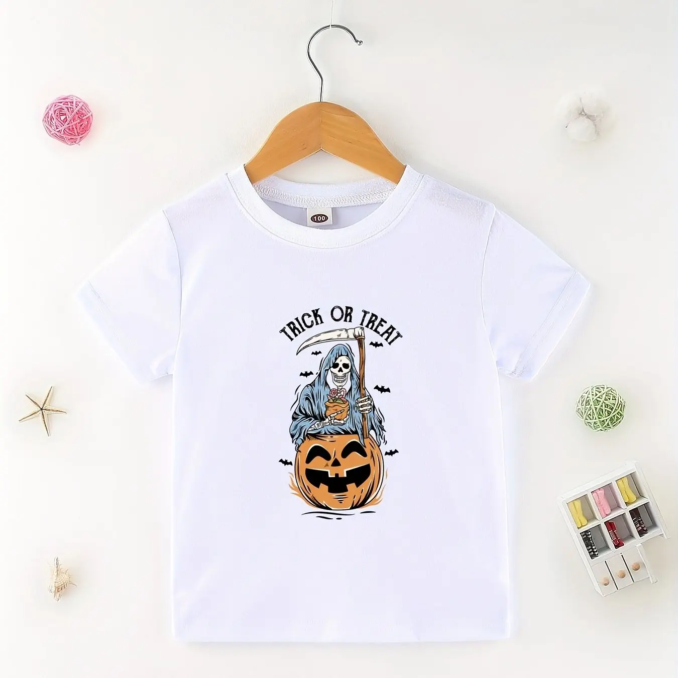 

Kids Trick or Treat T-Shirt - Halloween Skeleton and Pumpkin Design - Boys Holiday Casual Top - Fun Spooky Graphic Tee