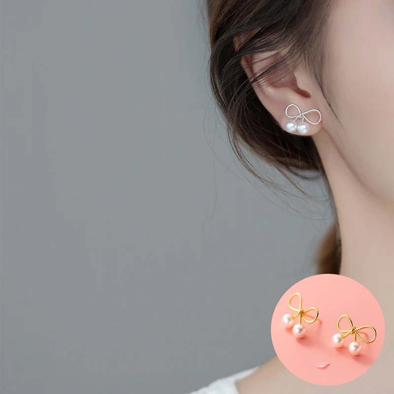 

100% 925 Sterling Silver Pearl Bowknot Earrings for Women Girl Simple Fashion Hollow Out Design Jewelry Party Gift Dropshipping