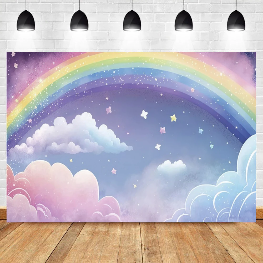 Rainbow Sky Star Cloud Photography Backdrop Baby Shower Birthday Sweet Cake Smash Banner Castle Balloons Decor Photo Background