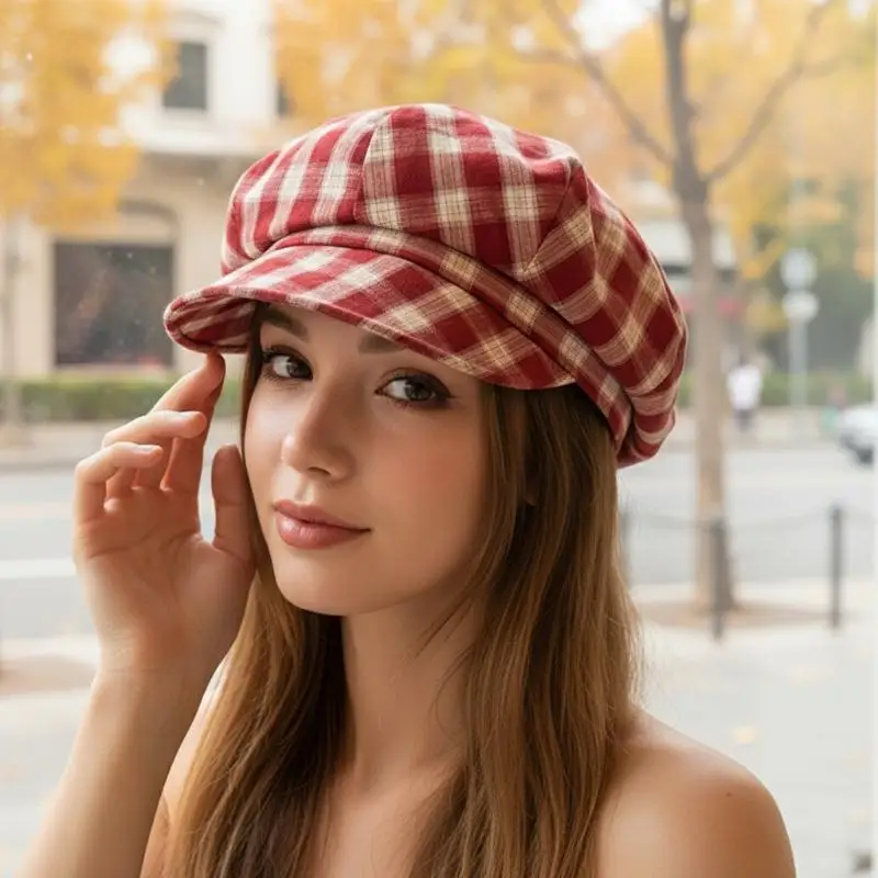 【xxx】Korean Retro Plaid Beret Hat For Women Y2K Contrast Color Checked Beanie Cap Summer Travel Versatile Face Slimming Hat[ZH]