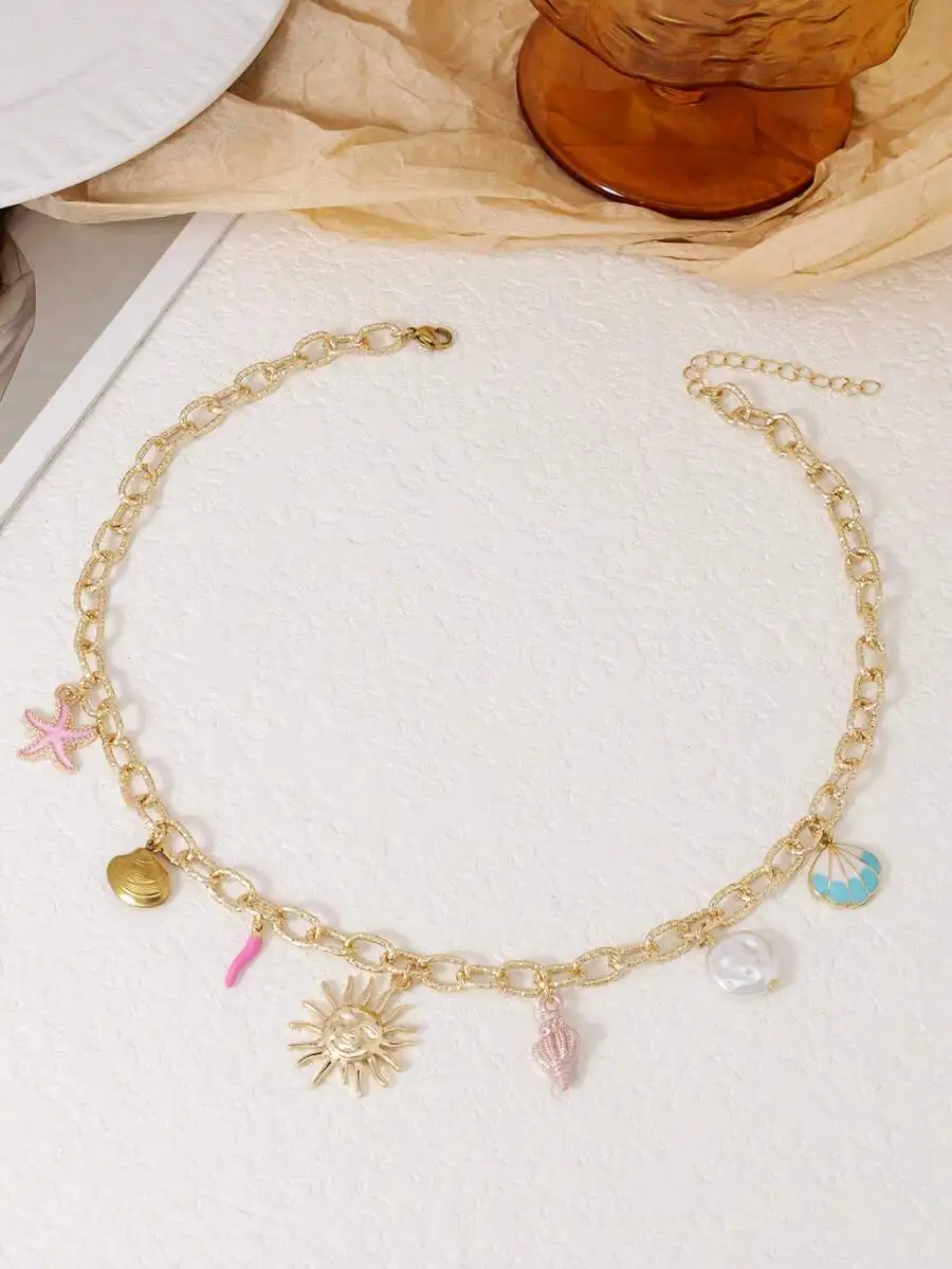 Charming Sun Shell Starfish Faux Pearl Multi Pendant Chain Necklace For Women