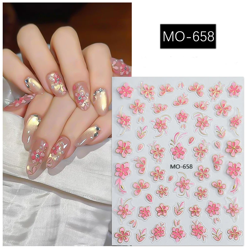 3 stücke 5d Präge Nail art Aufkleber Goldene Linien Lila Blau Emaille Blühende Blumen Aufkleber Für Nagel Dekorationen Maniküre Schönheit