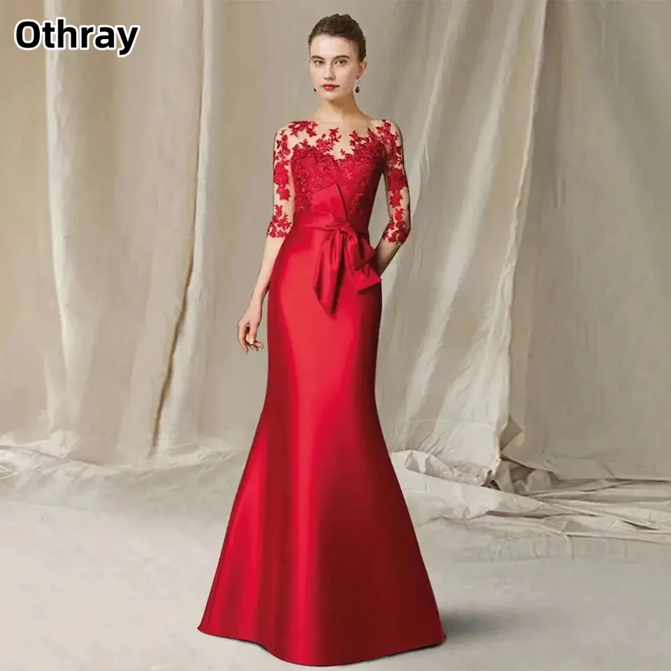 

Othray Long Sleeves Lace Evening Dresses Sash Buttons Zipper Mermaid High Quality Satin Formal Party Gown Robe