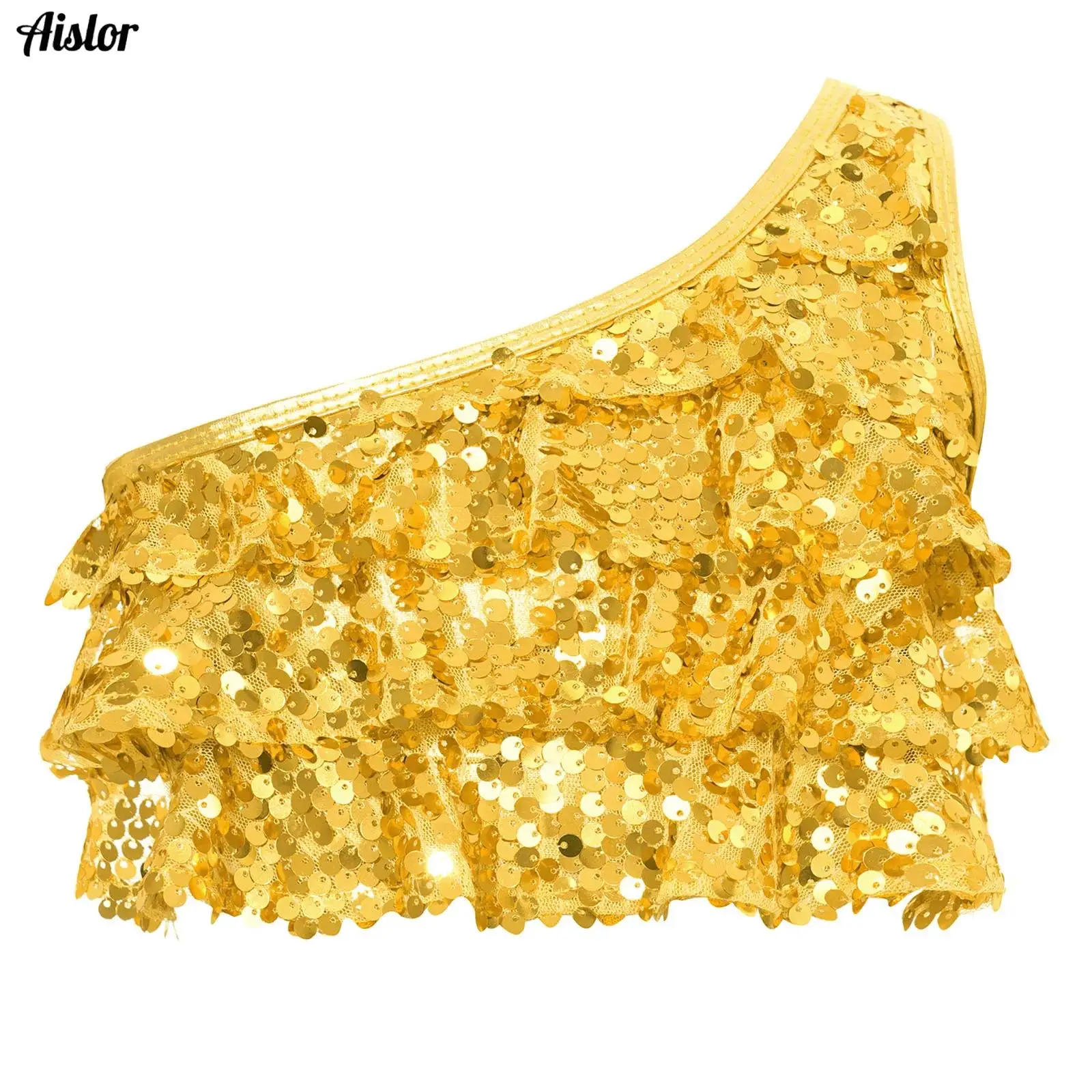 

Kids Girls Dance Top Jazz Street Dancewear Shiny Sequins Metallic Tiered Ruffles Sleeveless Crop Top Vest Performance Costumes