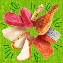 Circle of fresh proteins showing various delicious ingredients used in Friskies wet cat foods