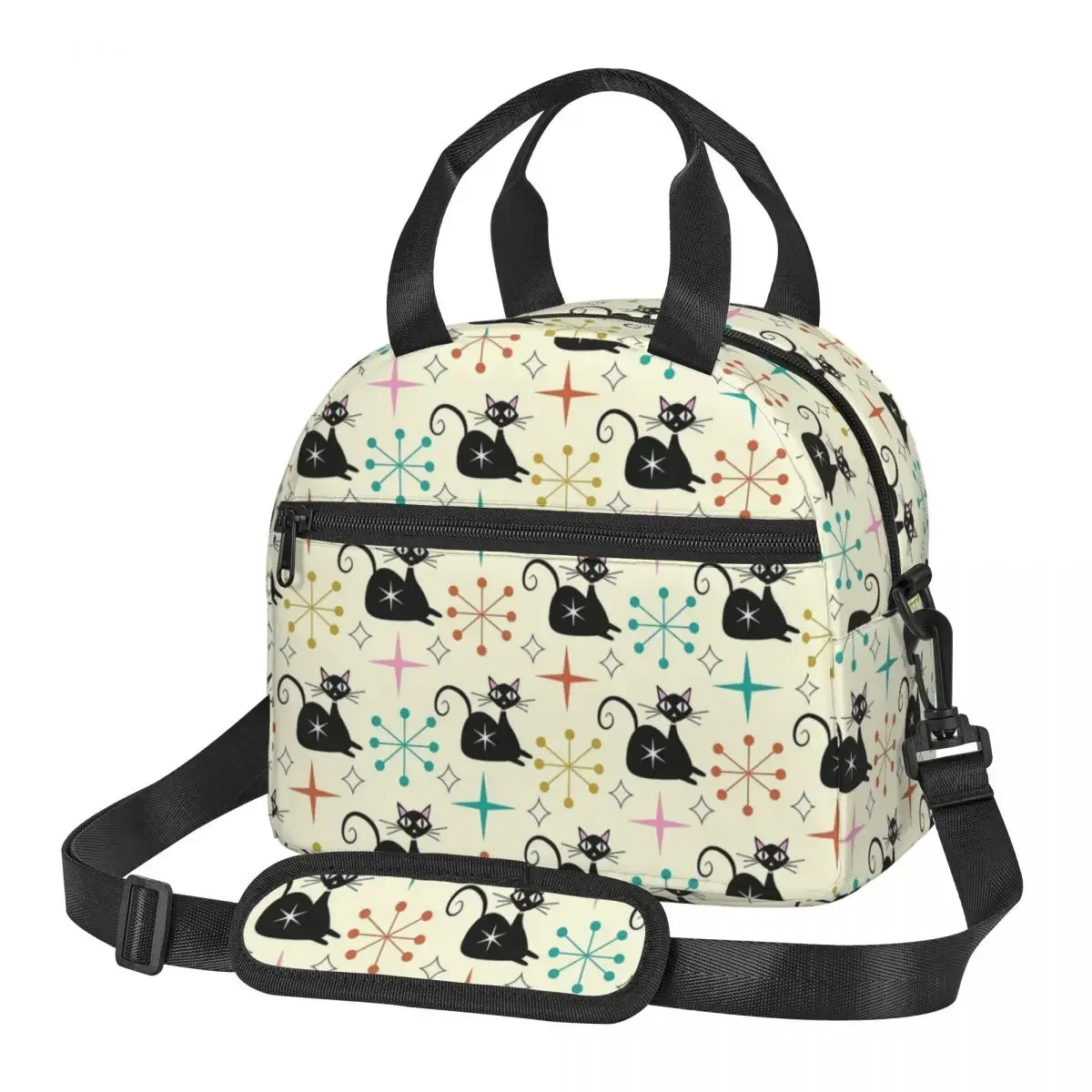 Mid Century Black Atomic Cat With Starbursts Insulated Lunch Bag for School Picnic Storage Food Boxes Cooler Thermal Lunch Box