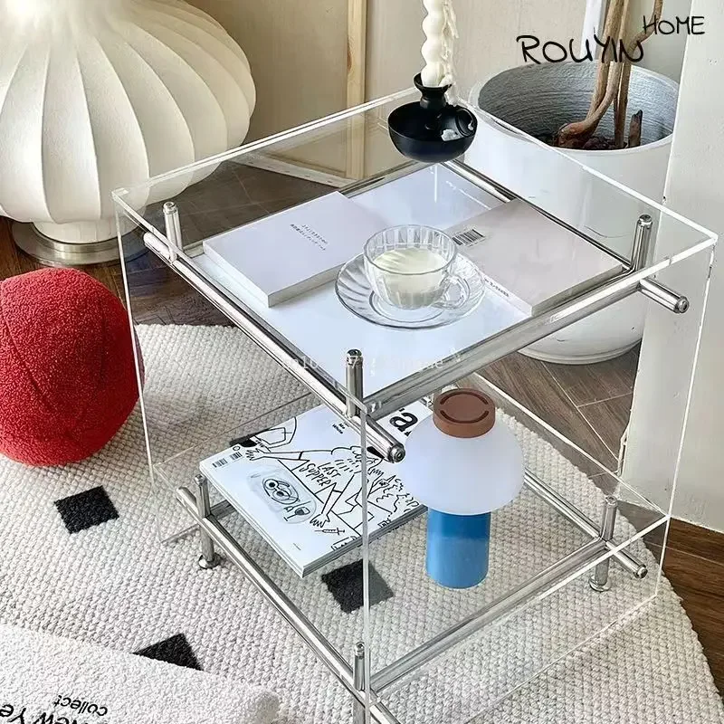 Acrylic Cart Storage Rack Transparent Ins Sofa Side Table End Table Medieval Stainless Steel Movable Bedside Table