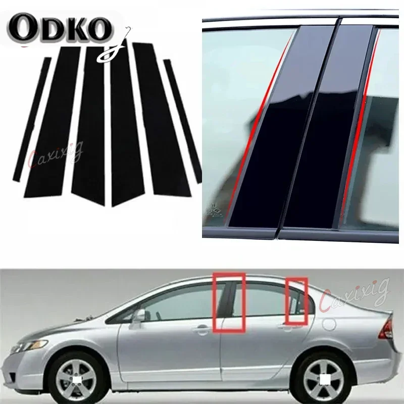 6Pcs Car Pillar Posts for Honda Civic 2006 2007 2008 2009 2010 2011 Glossy Black Door Window Stickers Decoration Accessories