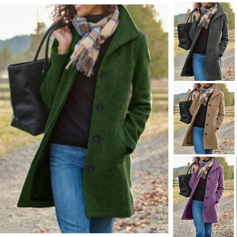 

Autumn Winter Thick Wool Women's Coat Mid-Length Coat Solid Color Long Sleeve Single Breasted Button