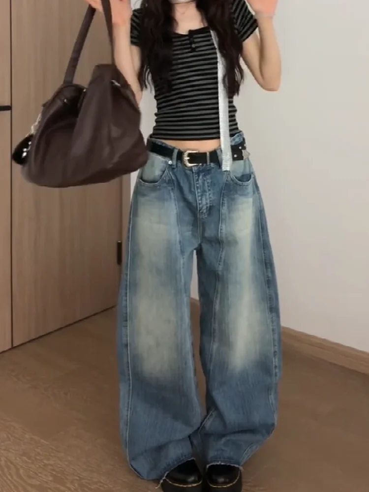 

High Waist Wide Leg Denim Jeans Women's Summer Design Sense Washed Away Decomposition Knife Jeans Loose Fit Floor Length