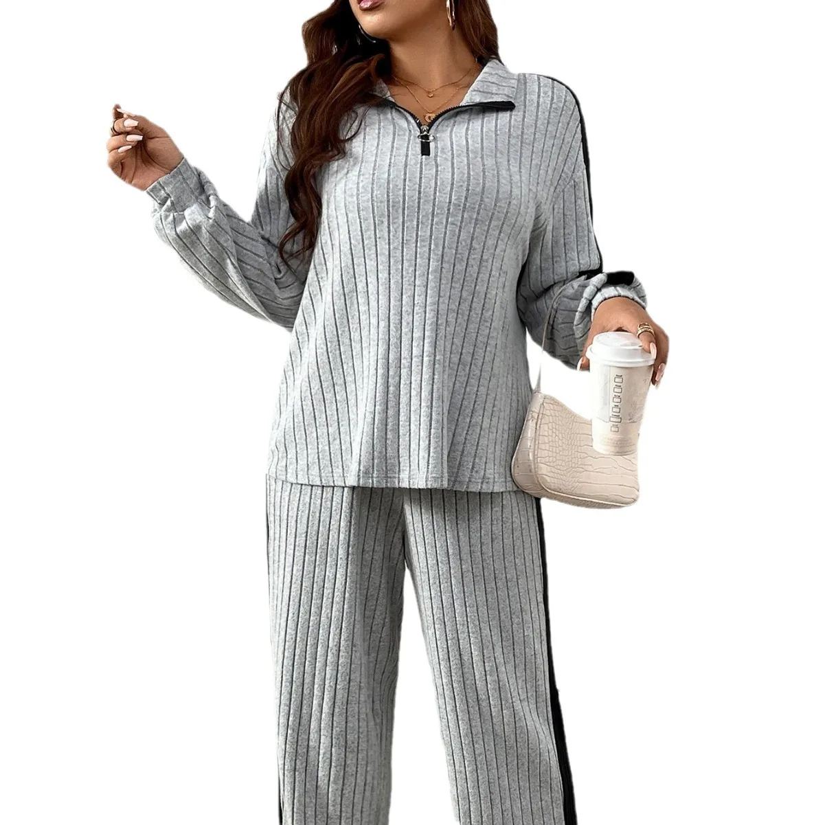 2025 Autumn Women New Solid Color Loose Long Sleeve Lapel Zipper Top + Loose Wide Legs Two-Piece Sports Set Women's Outdoor Suit