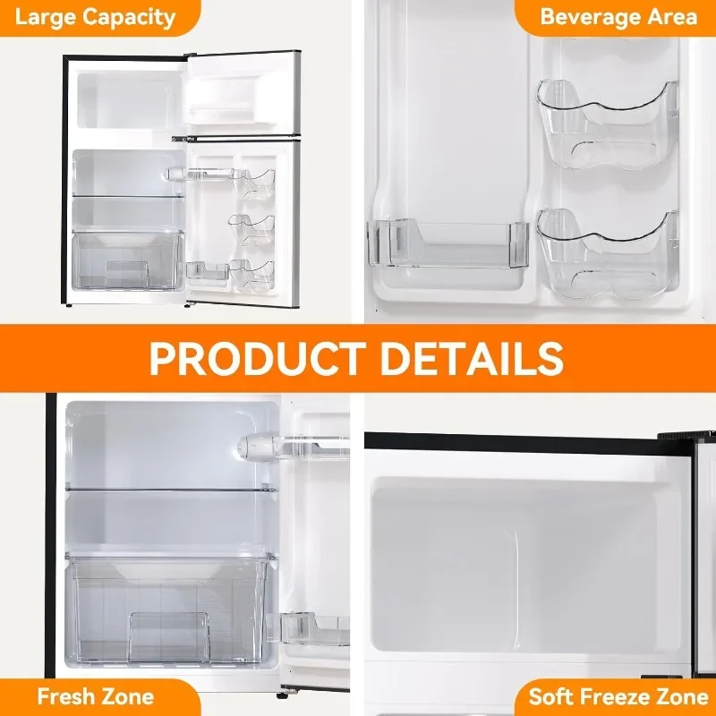Frestec Mini Fridge with Freezer 3.5 Cu.Ft. 2 Door Refrigerator and Freezer Small Fridge, 37 dB Low Noise, Stainless Steel