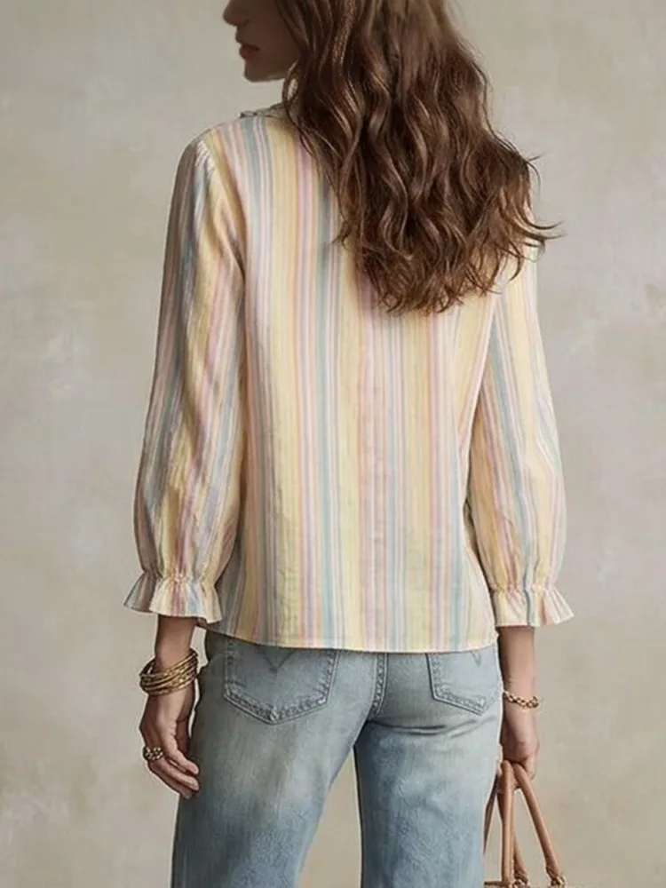 Yeezzi Women's Boho Contrast Color Striped Ruffled Trim Deep V-Neck Blouse Tops Puff Sleeves Loose Casual Going Out T-Shirt