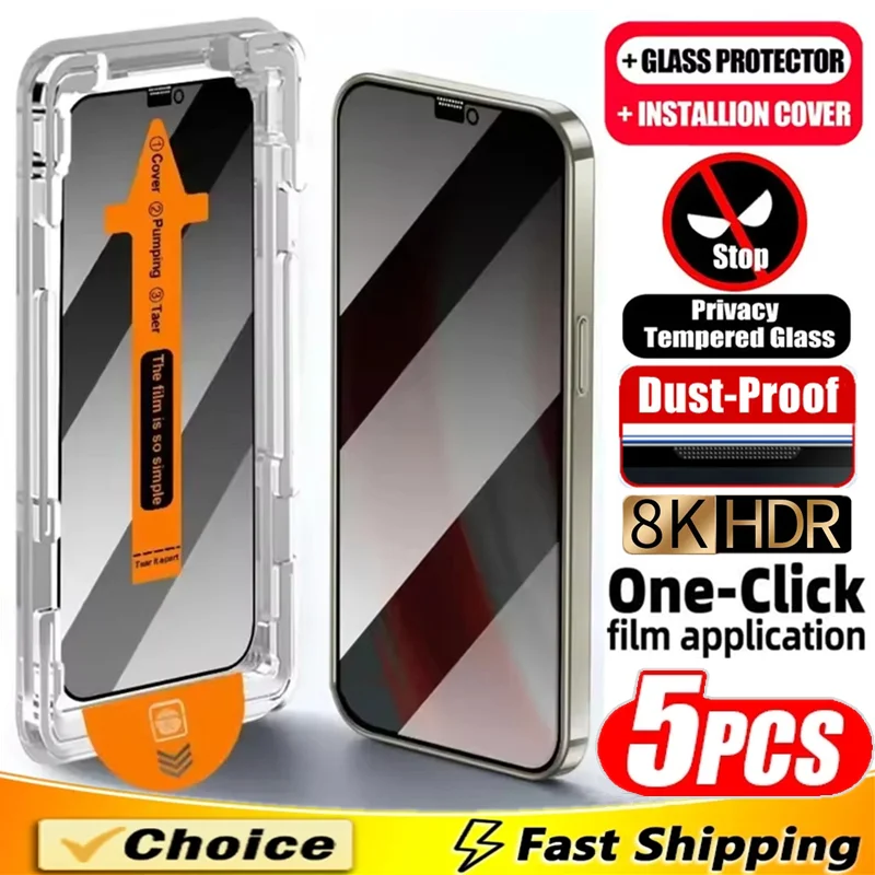 

5Pcs Dust Proof Installation Privacy Screen Protector For iPhone 16 15 14 11 12 13 17 Pro Max XS XR X 7 8 16 Plus Anti-spy Glass