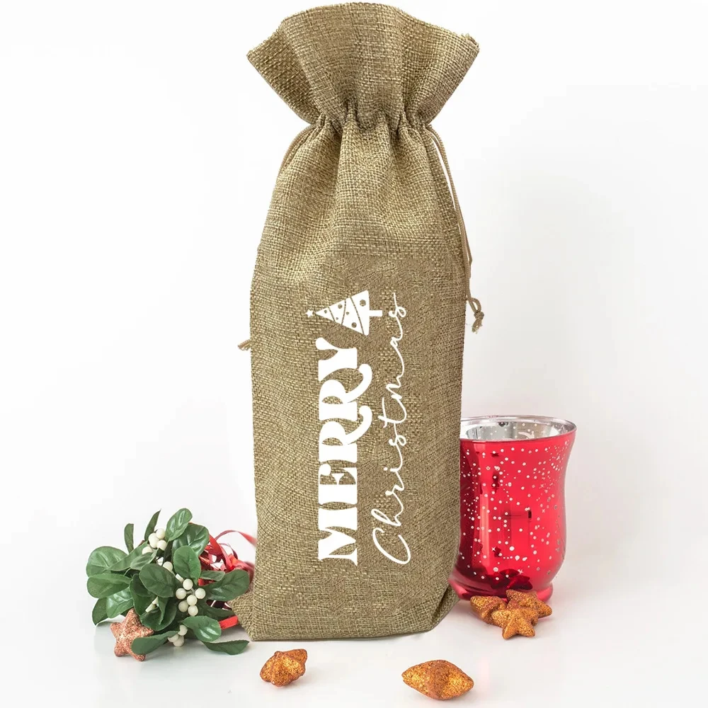 Merry Christmas Printed Burlap Wine Bag Xmas Party Decor Bottle Drawstring Bags Bottle Pouches Christmas Gifts for Friend Family