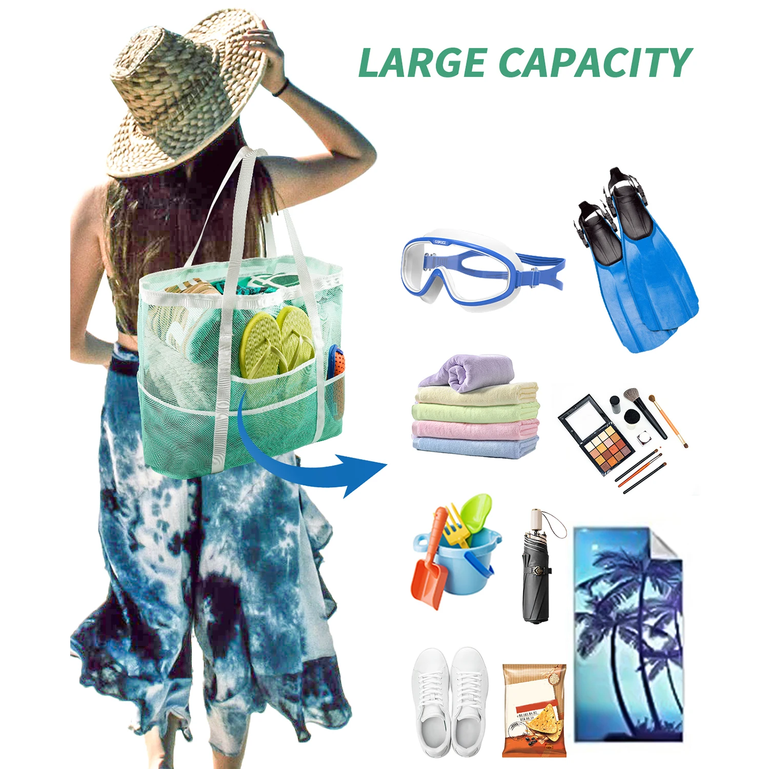 Large-Capacity Mesh Beach Bag, Swimming Bag for Children, Beach Toy Baskets, Portable Travel Storage, Wash Bag, Quick Dry Tote