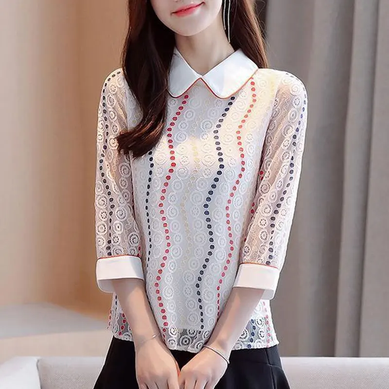 

Female Clothing Printed Hollow Out Shirt Fashion Lace 2023 Spring Summer Commute Sweet Peter Pan Collar Casual 3/4 Sleeve Blouse