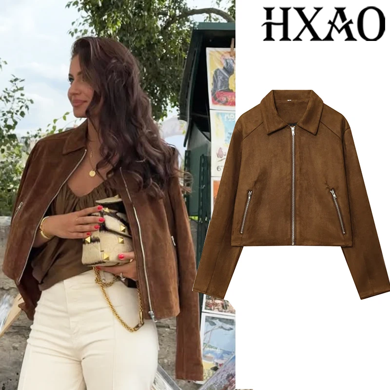 HXAO اقتصاص معطف سترة من جلد الغزال المرأة ديمي الموسم فو سترة جلدية ملابس خارجية طويلة الأكمام Bomber سترة زمم معطف قصير