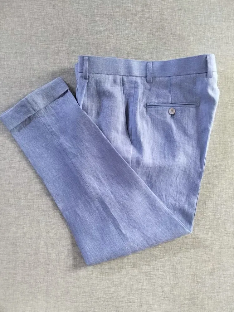 Nuevos pantalones de verano para hombre, azul claro, informales, hasta el tobillo, pantalones de pierna recta, pantalones de lino a la moda, pantalones de cintura media con botones ajustados