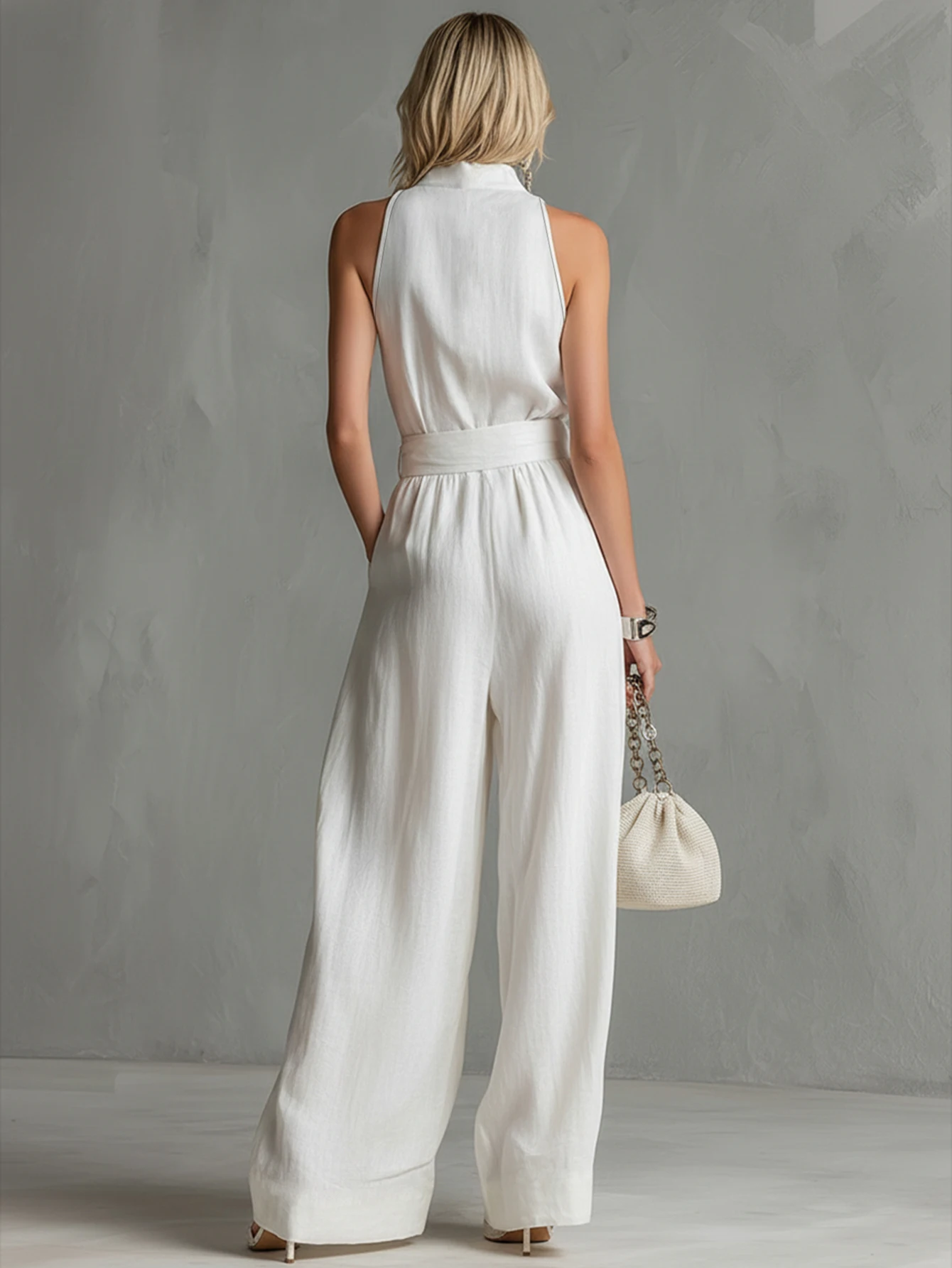 Ärmelloser Damen-Jumpsuit mit Reißverschluss am Bund, Hochgeschnittene Weite Hose, Geeignet für Urlaub und Freizeit – Detail 3