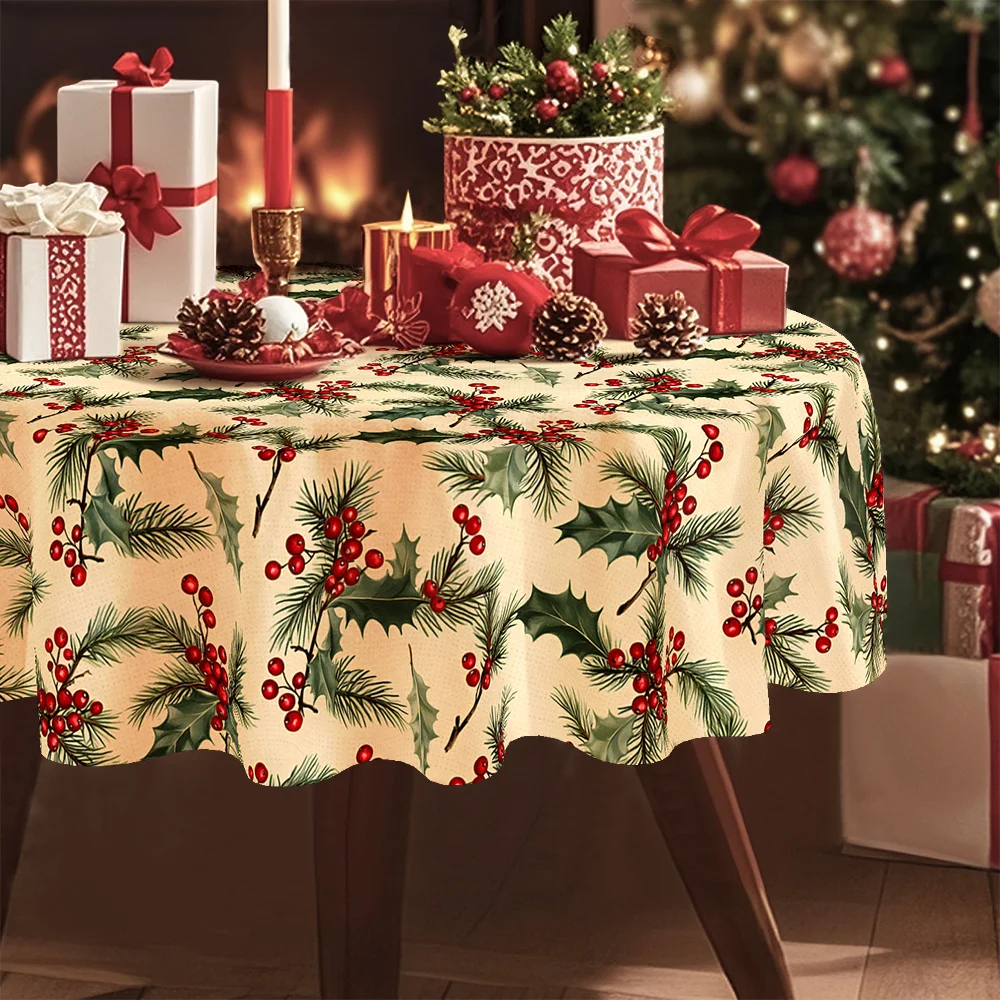 Pack of 1, Christmas, winter ice tablecloth, white decoration, holly and berry pattern