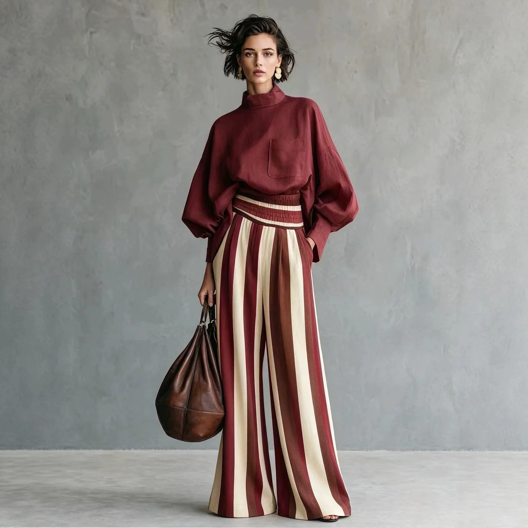Fashion Women's Solid Cowl Neck Balloon Sleeve Top Vertical Striped Wide Leg Pants Set Contrast Trim Waistband leisure Two Piece