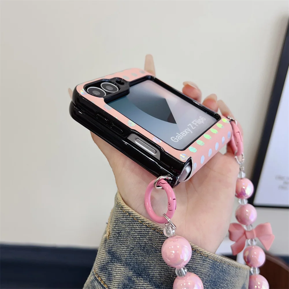 for Samsung ZFlip6 Cute Bowknot Beads Bracelet Case for Samsung Galaxy Z Flip 6 5 4 Flip Aurora Laser Wave Point Shockpoof Cover