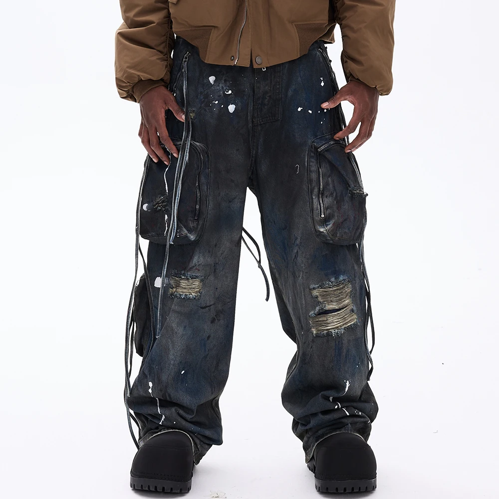 Men's Baggy Cargo Jeans Y2K Grunge Dirty Wash Paint Splatter Ripped Denim Pants Wide Leg Streetwear Distressed Harajuku Trousers