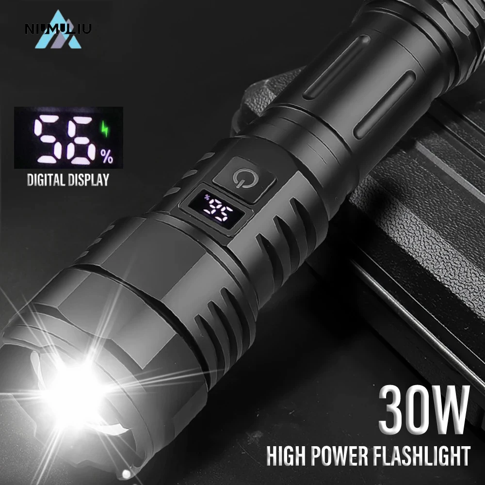 

F2 High Power 30W LED Flashlight USB Rechargeable 26650 Torch with Power Display Screen Waterproof Zoom Camping Fishing Lantern