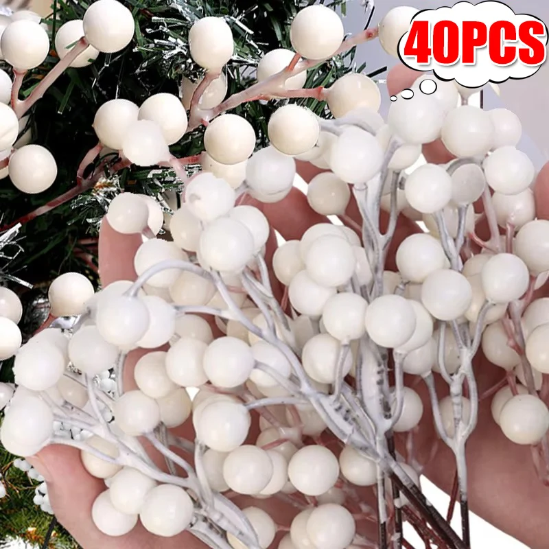 4-20PCS Artificial Holly Berry Stem Christmas White Berries Branches DIY Xmas Tree Ornament Wedding Home Party Fake Flower Decor