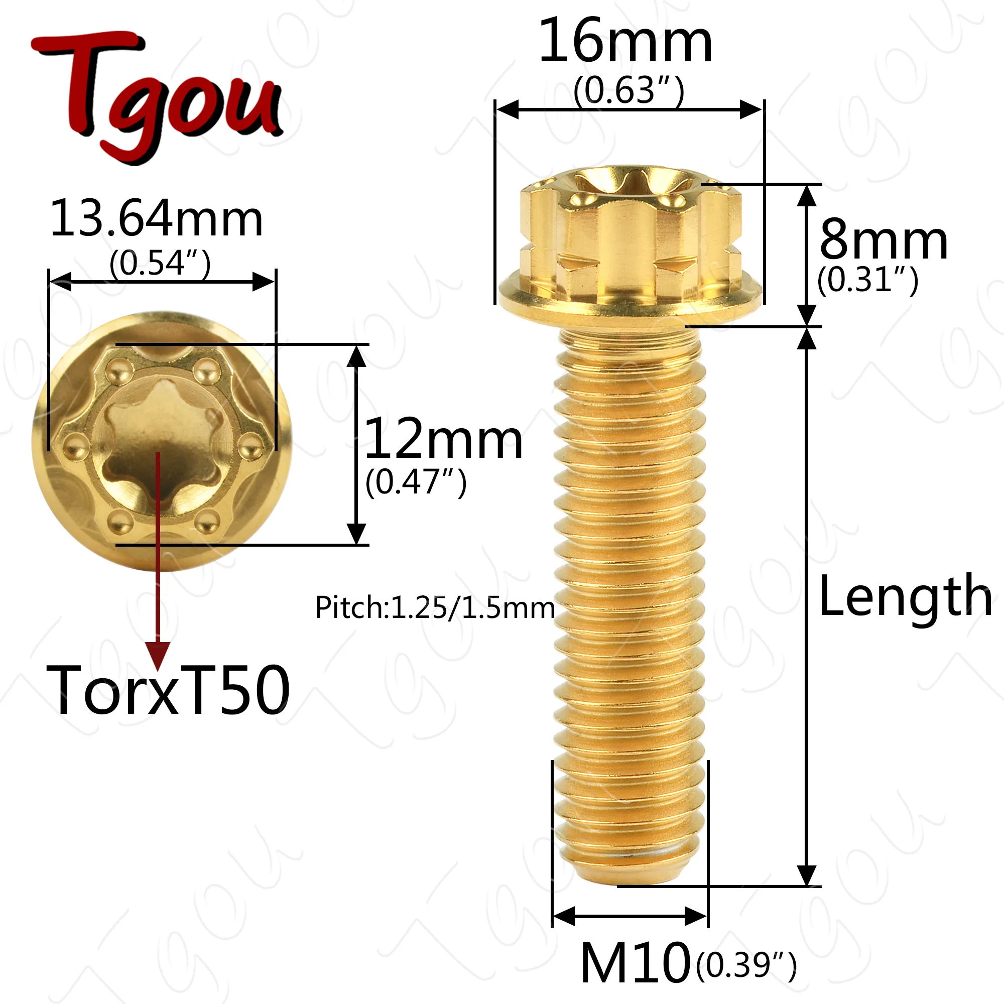 Tgou Titanium Bolt M10x15~90mm Pitch1.25/1.5mm Flange Torx Head Screws for Motorcycle Car Calipers Refitted