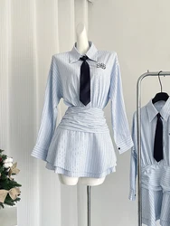 Autumn Korean Vintage Preppy Long Sleeve Mini Shirt Dress With Tie Women 2000s Aesthetic Striped Frocks One-Piece Party Gyaru