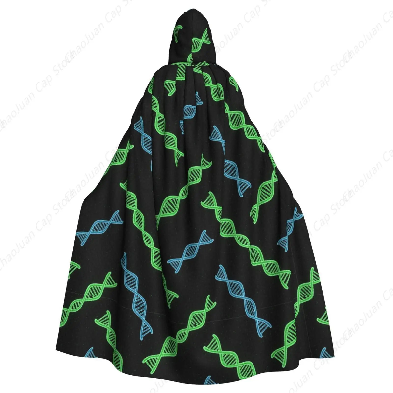 Adult Full Long Green Dna Science Black Hooded Cloak for Christmas Masquerade, Renaissance Medieval Priest Cape Outwear 58 inch