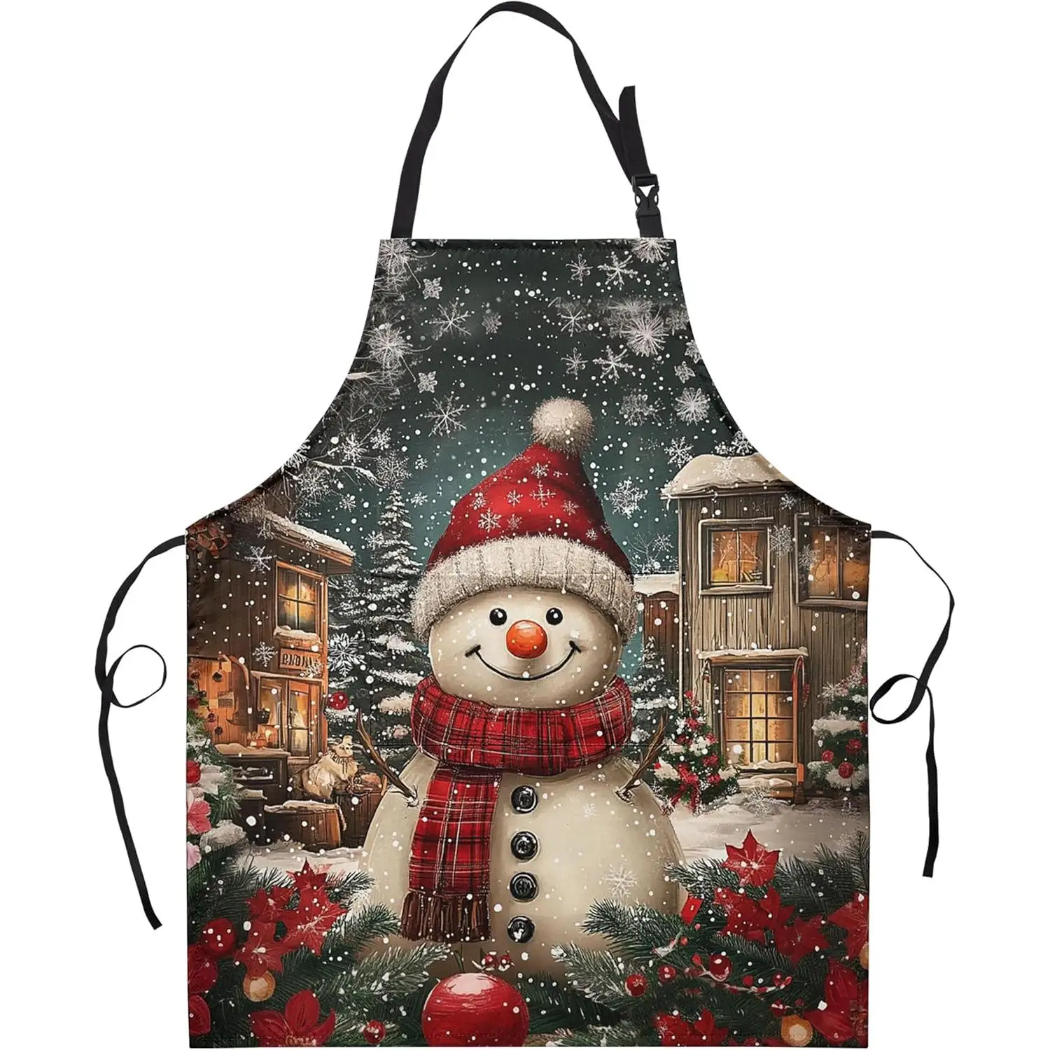 Xmas Aprons Red Snowman Kitchen Aprons with Adjustable Neck Strap Winter Snowflakes Cooking Apron with Pockets for Baking Sewing