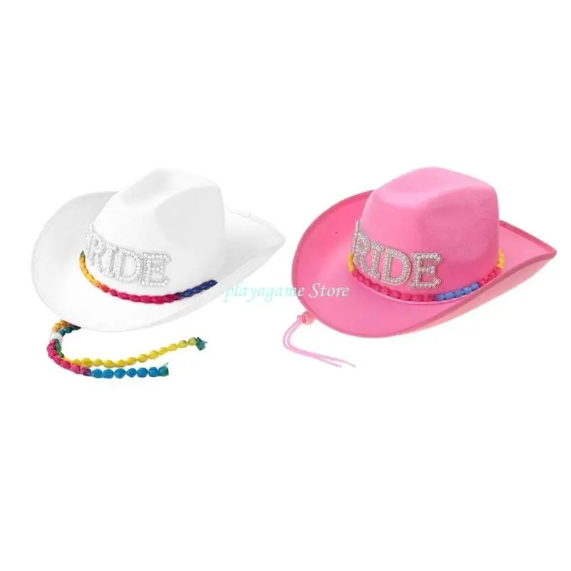 Y88A قبعة راعية البقر لحفلات الزفاف مصنوعة يدويًا مع حرف العروس اللؤلؤي قبعة فيدوراس الغربية مع حبل الذقن الملون للعروس #2