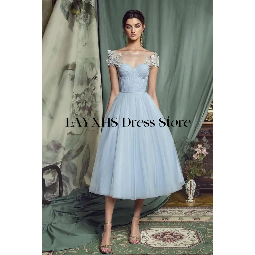Maßgeschneiderte Abendkleider mit blauer Blumenstickerei, A-Linie mit Ärmeln, Tüll-Hochzeitskleid, Teelänge, Abendkleid, Vestidos de Fiesta