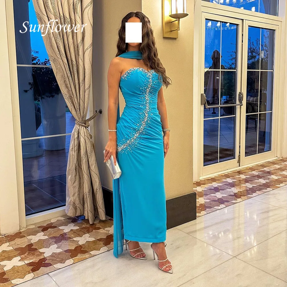 

Sunflower Sweetheart Mermaid Crepe Evening Dresses Saudi Arabia Chiffon Halter Formal Occasion Dresses Ankle Length Party Gowns