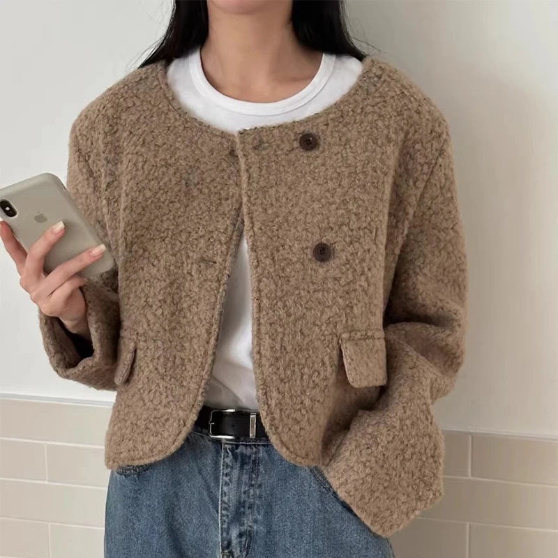 

Chic Autumnal Vintage Single-Button Pure Color Loose Long-Sve Women's ort Woolen Coat Korean Sle Straight Cut