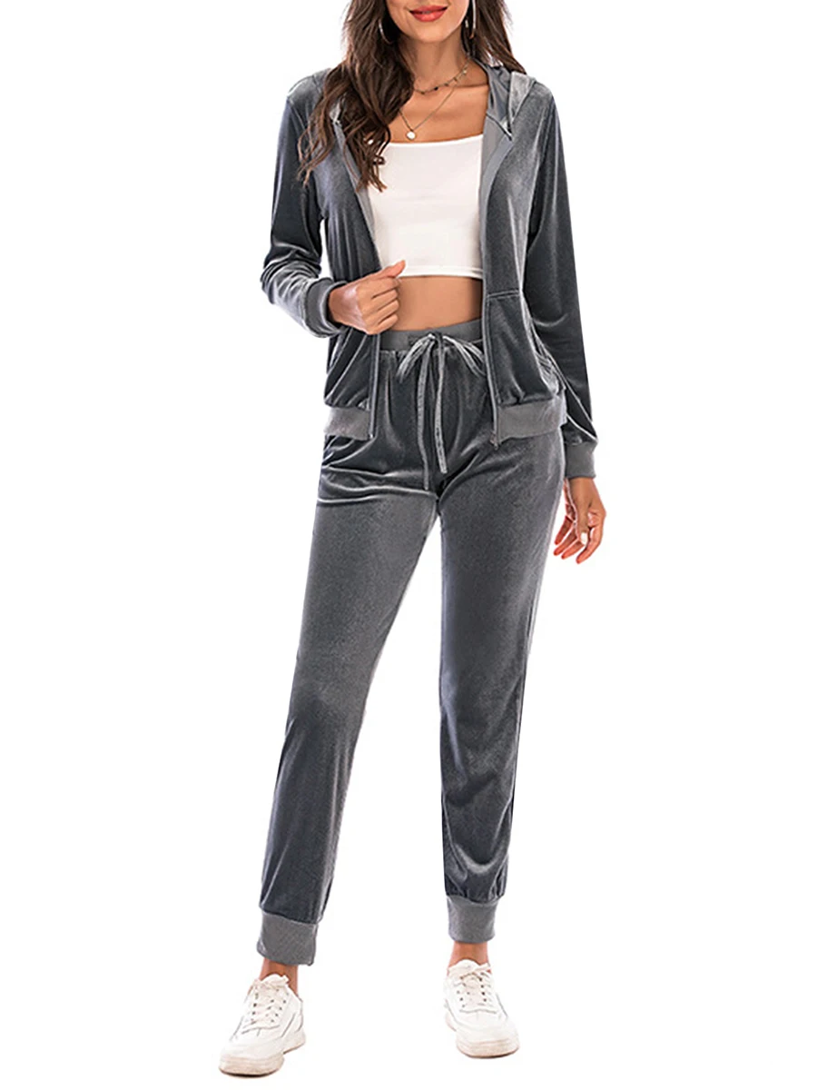 Women s Velvet Zip Up Hoodie and Pants Set - Vintage Solid Color Hooded Sweatshirt Tracksuit Outfit