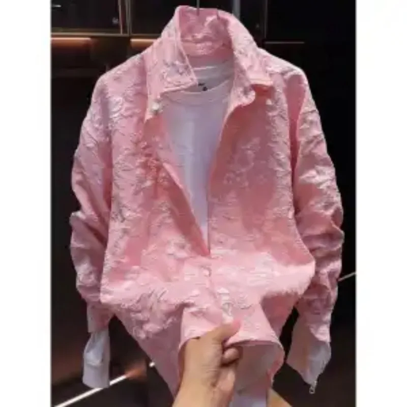 Embossed Jacquard Long-sleeved Shirt for Men Spring and Summer Trendy Loose Casual Lapel Shirt Jacket