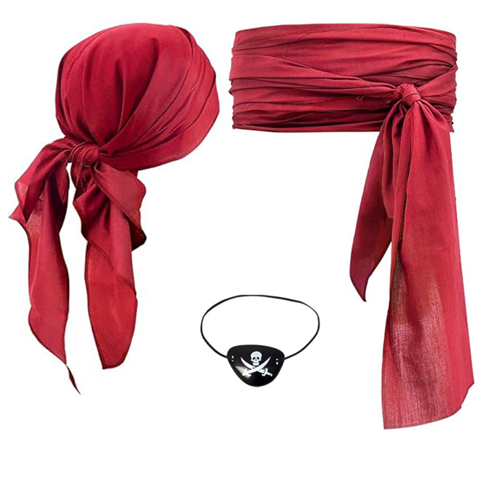 Women Pirate Cosplay Set Headscarf Wrap Hat Eye Mask Cosplay Costume Accessories Outfit Some with Sash Belt Necklace
