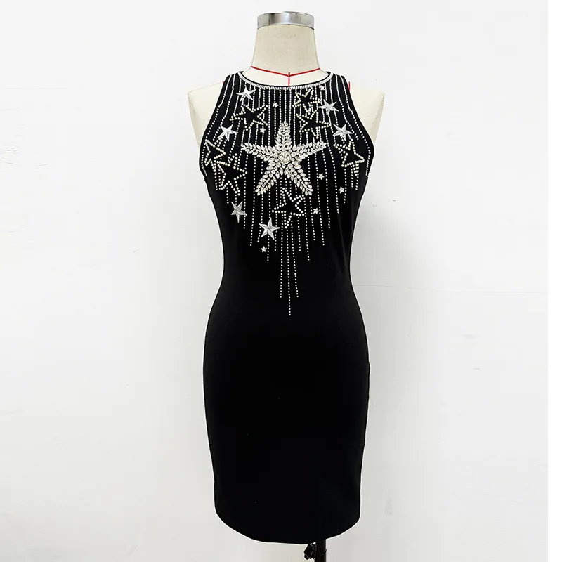 Fashion star 2024 embroidered heavy duty beaded stretch sleeveless tank top dress