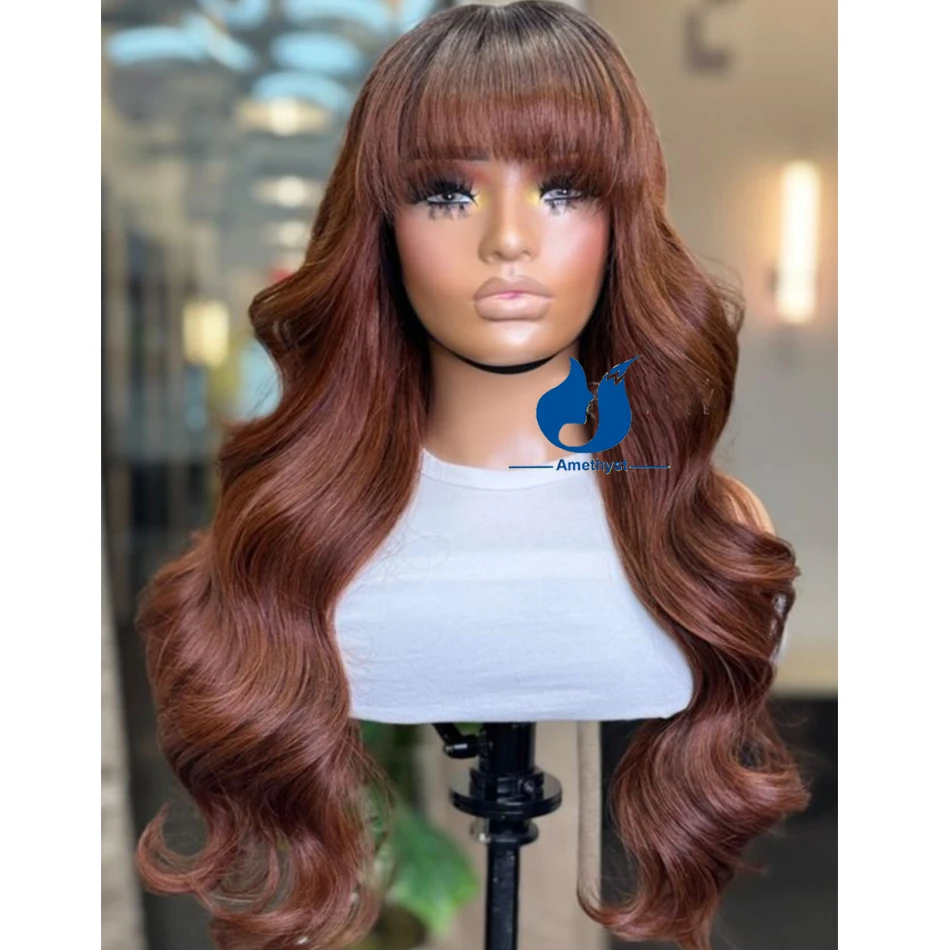 Amethyst Auburn Brown Body Wave Human Hair Full Machine Made Bang Wig with Dark Root for Women O Scalp Top Remy Hair Brazilian