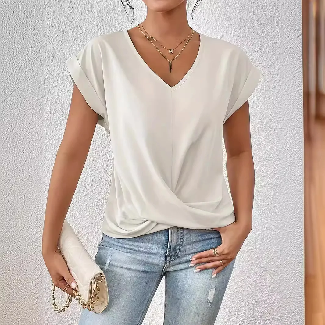 2025年新作 無地VネックTシャツ エレガント シンプル 半袖トップス 春夏 レディース