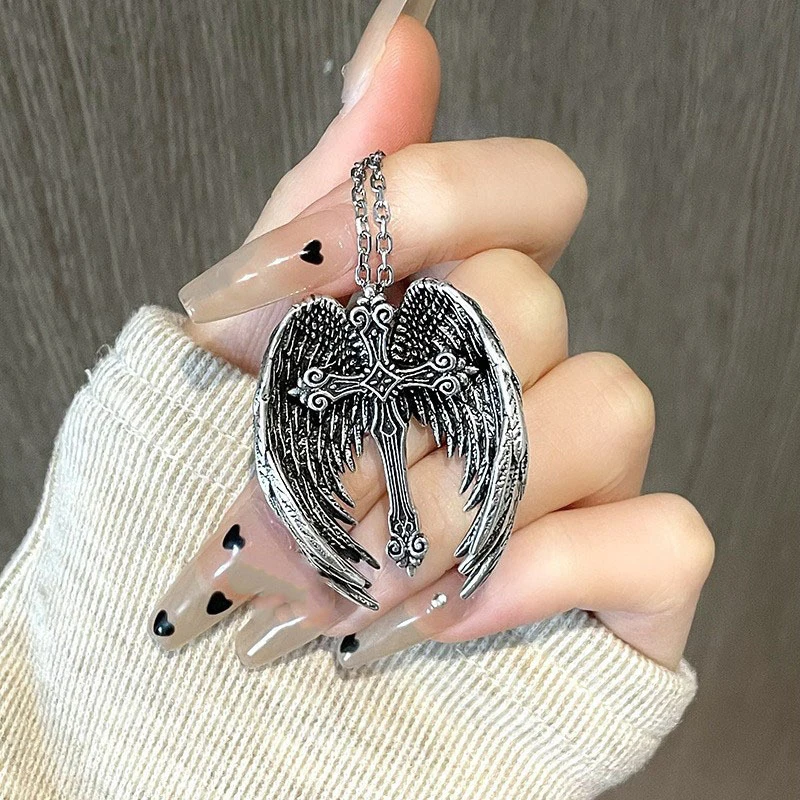 للرجال النساء الملاك الحارس تي شيرت سترة قلادة مجوهرات اكسسوارات هدية خمر الفضة أجنحة الملاك الصليب قلادة قلادة