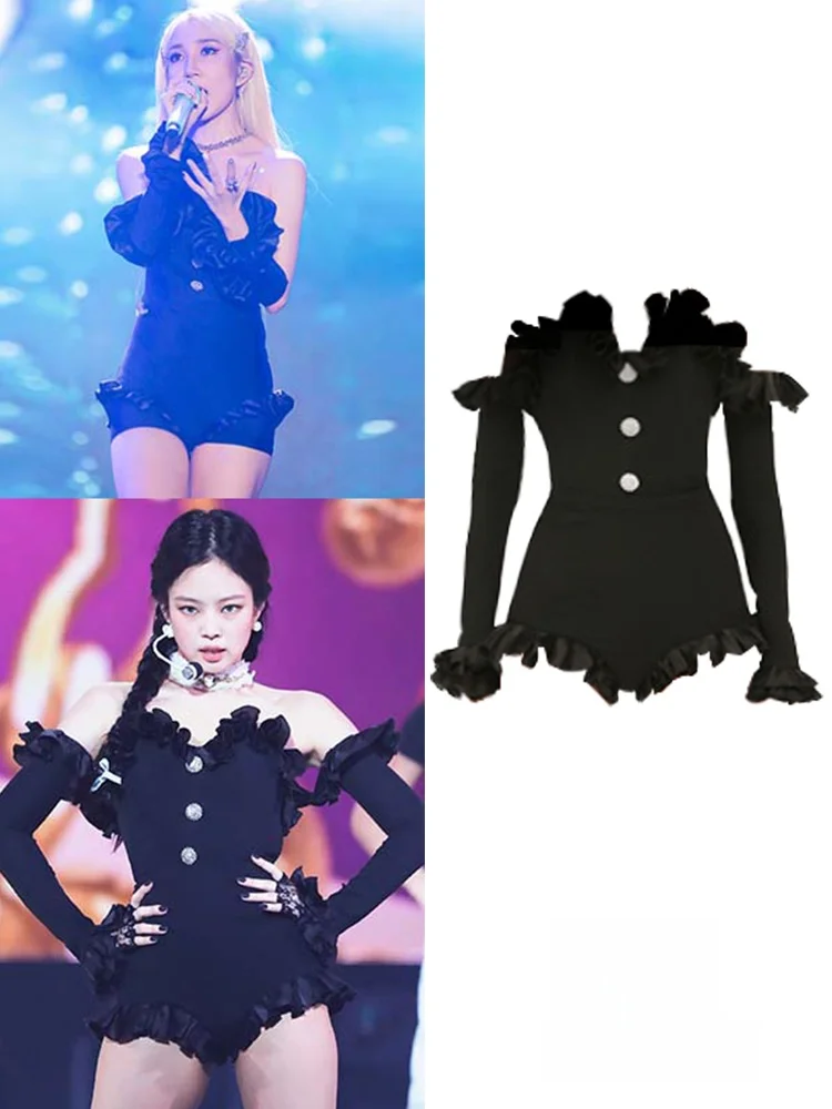 Black Stage Performance Outfit with Strapless Top And Pants High Waist Short Pants for Women Summer Commute High Waist