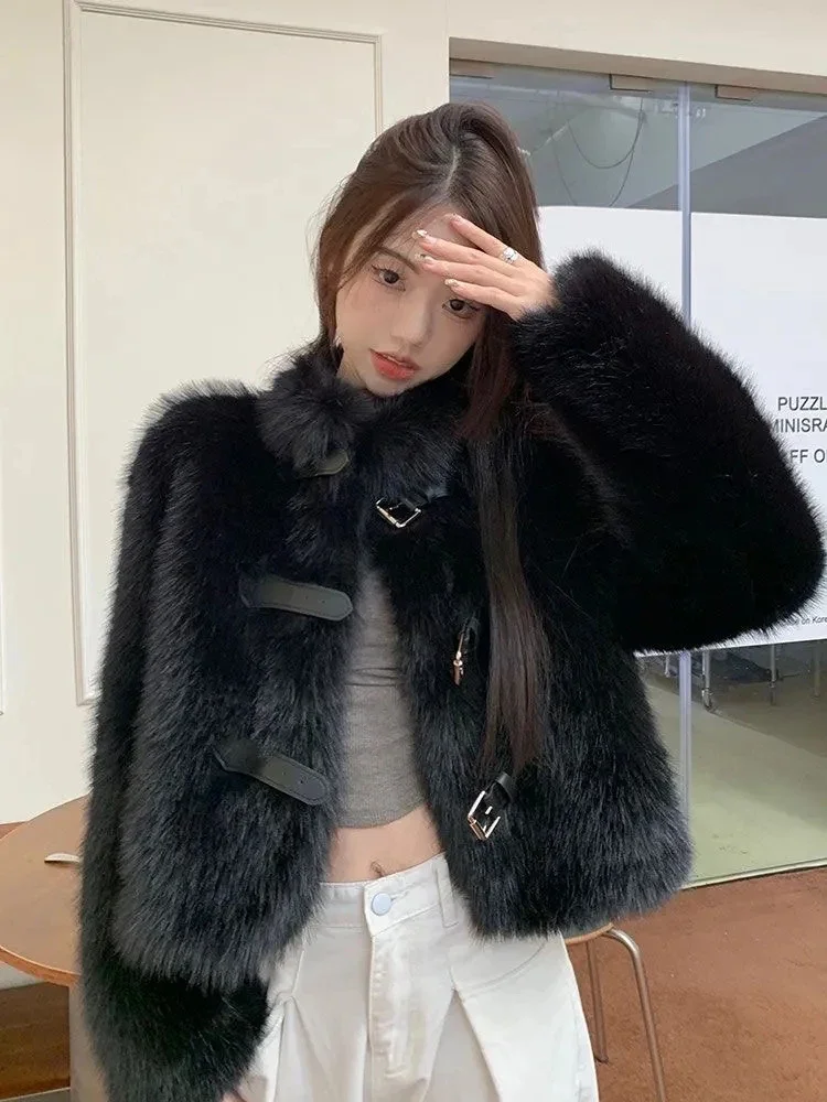 

Women Faux Fur Cropped Jacket Long Sleeve Stand Collar Vintage Button Short Coats Y2K Streetwear Hottie Hairy Thick Outwear New
